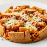 crispy baked ziti on a plate, a perfect golden-brown crust with melted cheese