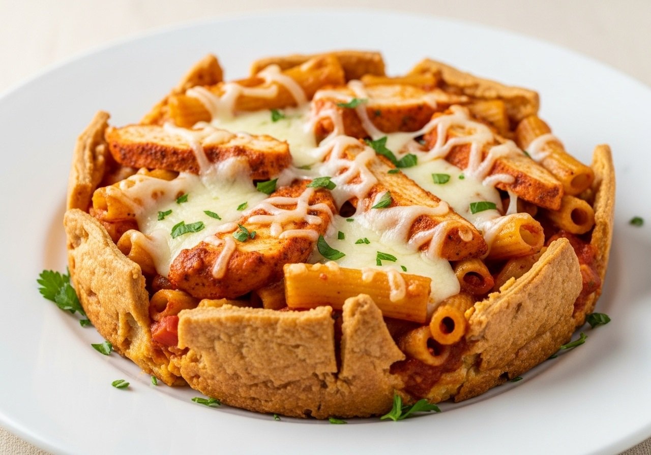 crispy baked ziti on a plate, a perfect golden-brown crust with melted cheese