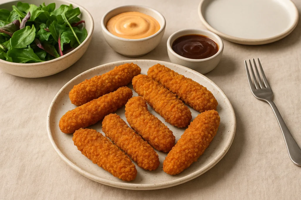 Vegan crispy chicken tenders served with dips and salad