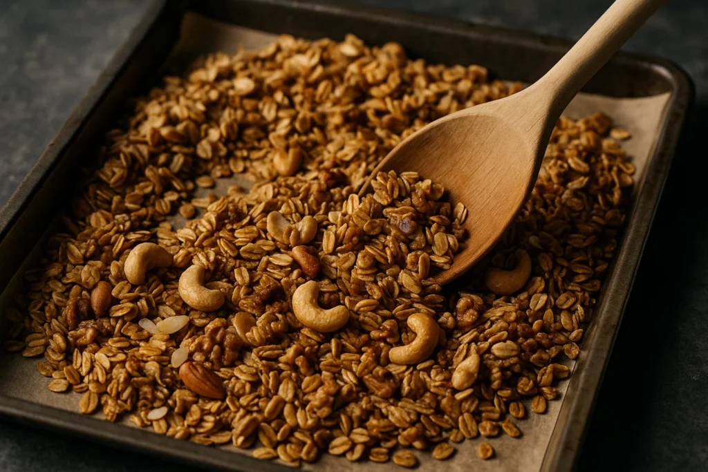 Homemade Crunchy Granola Breakfast Cereal Delight 2 Stirring Crunchy Granola Breakfast Cereal on Tray