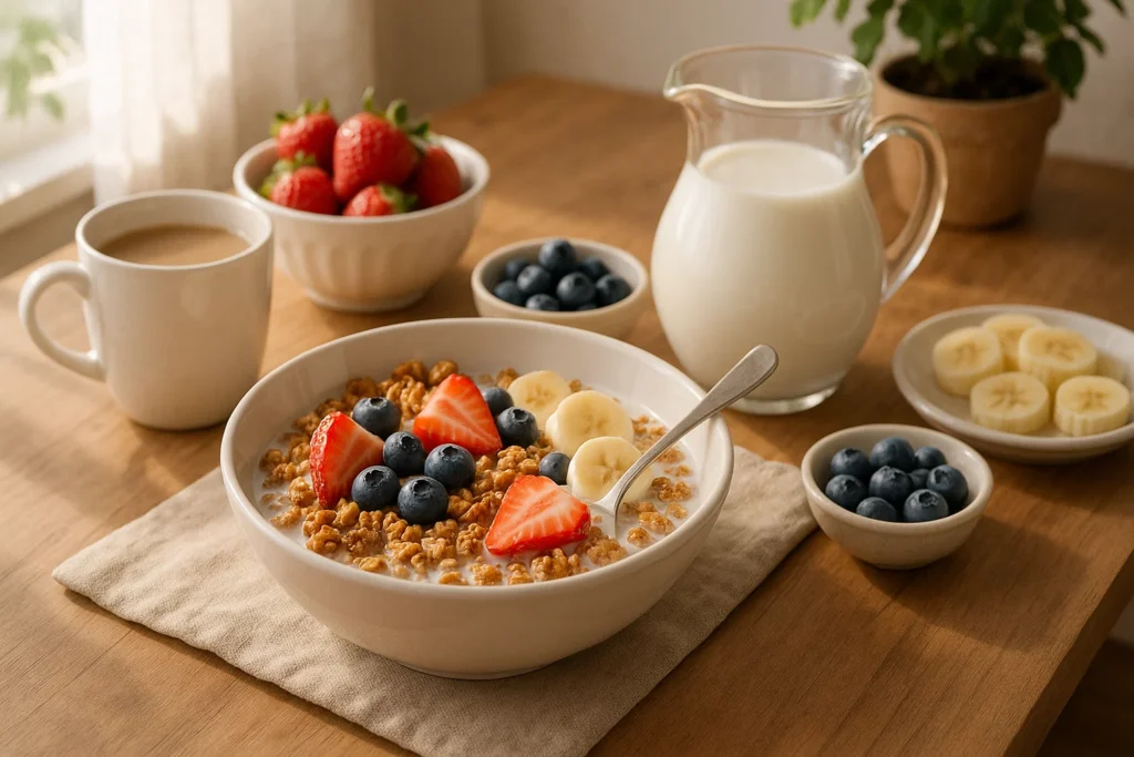 Homemade Crunchy Granola Breakfast Cereal Delight 3 Crunchy granola breakfast cereal served with milk and fruit