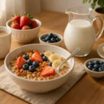 Crunchy granola breakfast cereal served with milk and fruit
