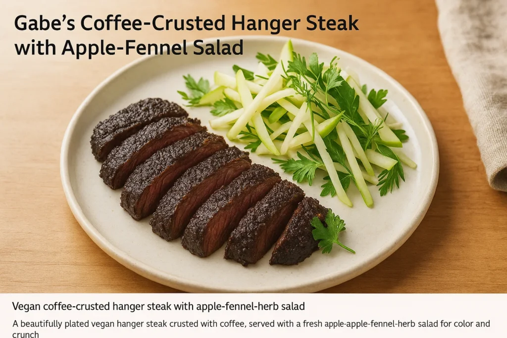 Vegan hanger steak with apple-fennel salad served on rustic table