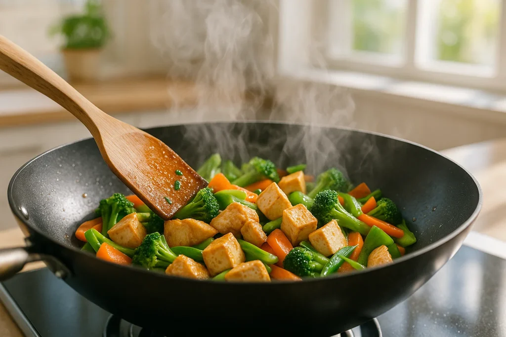 Chicken, tofu, and veggies being stir-fried in a hot wok