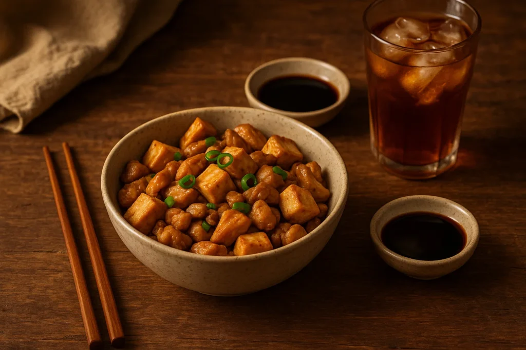 A serving of stir-fried chicken with tofu and veggies on a table with tea