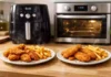 Side-by-side comparison of crispy fries and breaded chicken cooked in an air fryer and a conventional oven.