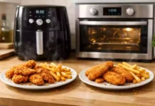 Side-by-side comparison of crispy fries and breaded chicken cooked in an air fryer and a conventional oven.