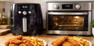 Side-by-side comparison of crispy fries and breaded chicken cooked in an air fryer and a conventional oven.