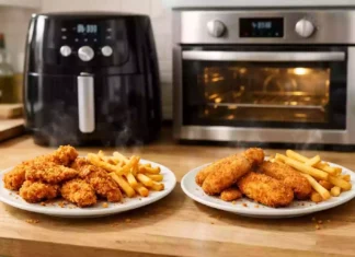 Side-by-side comparison of crispy fries and breaded chicken cooked in an air fryer and a conventional oven.