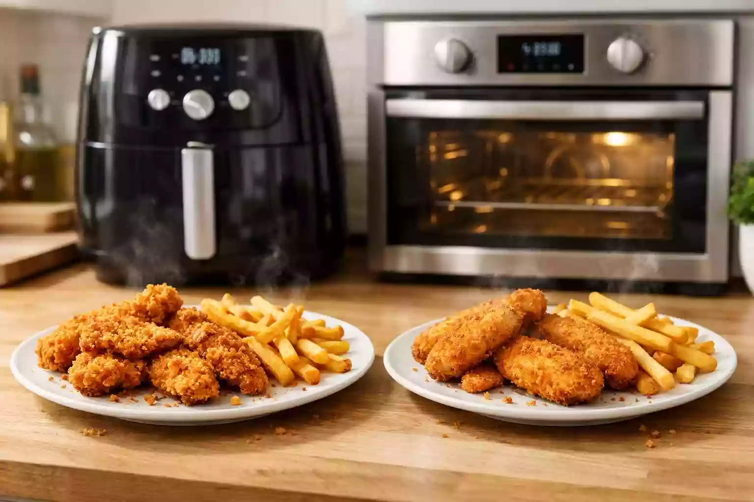 Side-by-side comparison of crispy fries and breaded chicken cooked in an air fryer and a conventional oven.