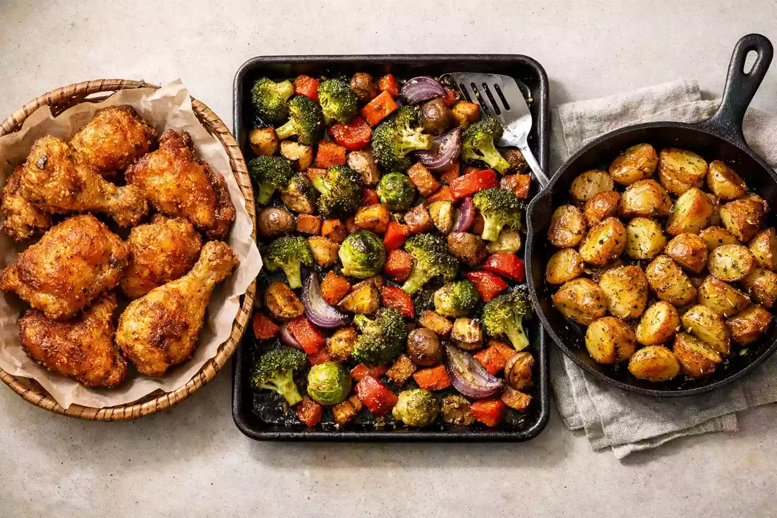 Crispy food made using oven, air fryer, and pan methods