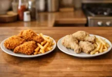 Plate of homemade crispy and soggy fried food side by side for comparison