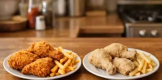 Plate of homemade crispy and soggy fried food side by side for comparison