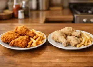 Plate of homemade crispy and soggy fried food side by side for comparison