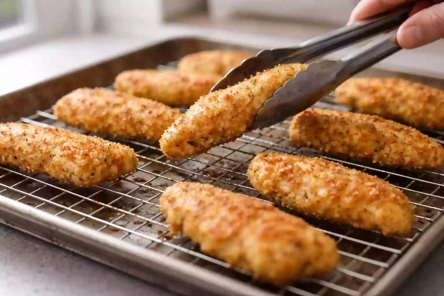 Home cook flipping breaded food on a rack to improve crispiness