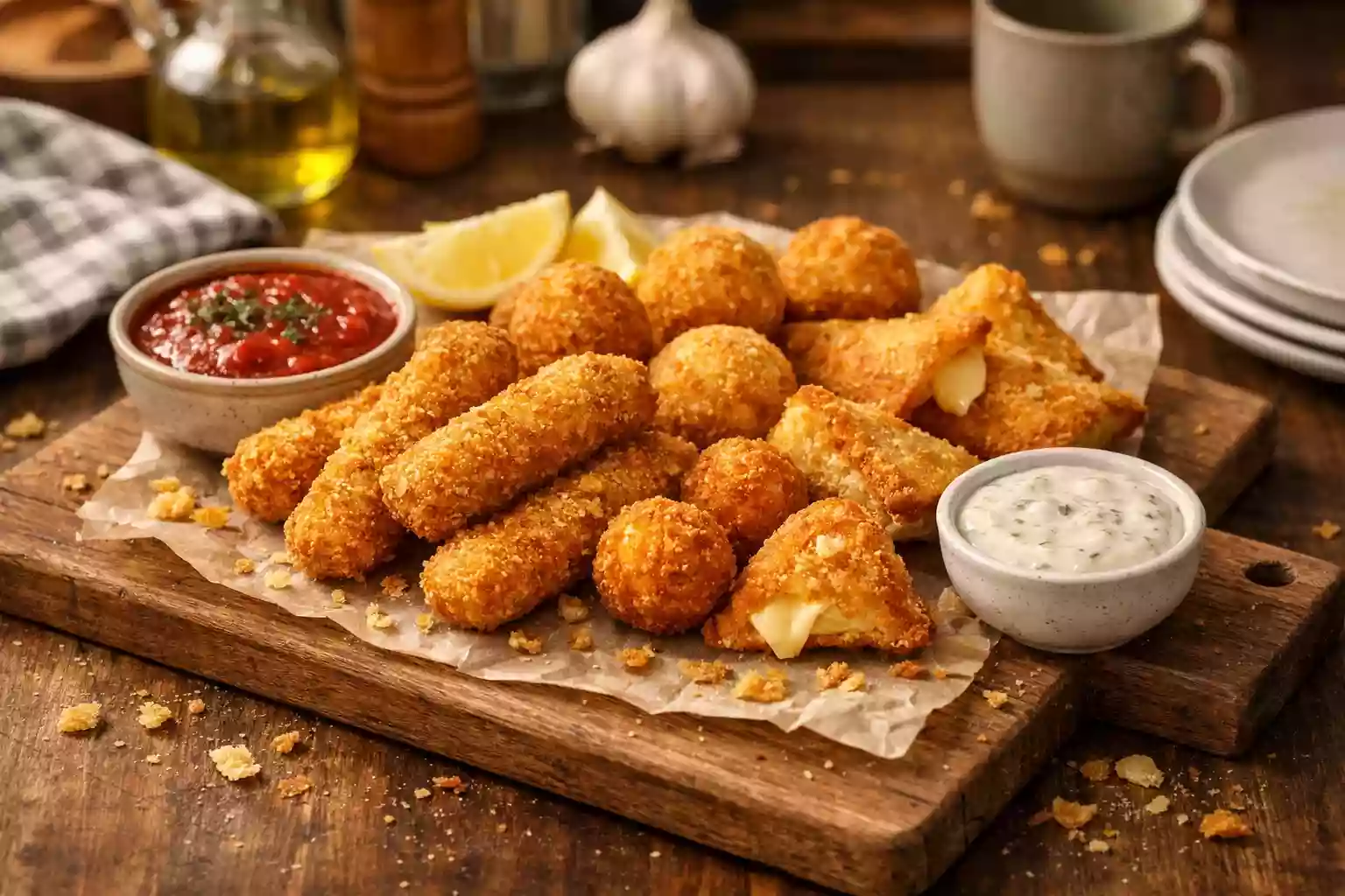 Crispy homemade snacks served fresh on a wooden table