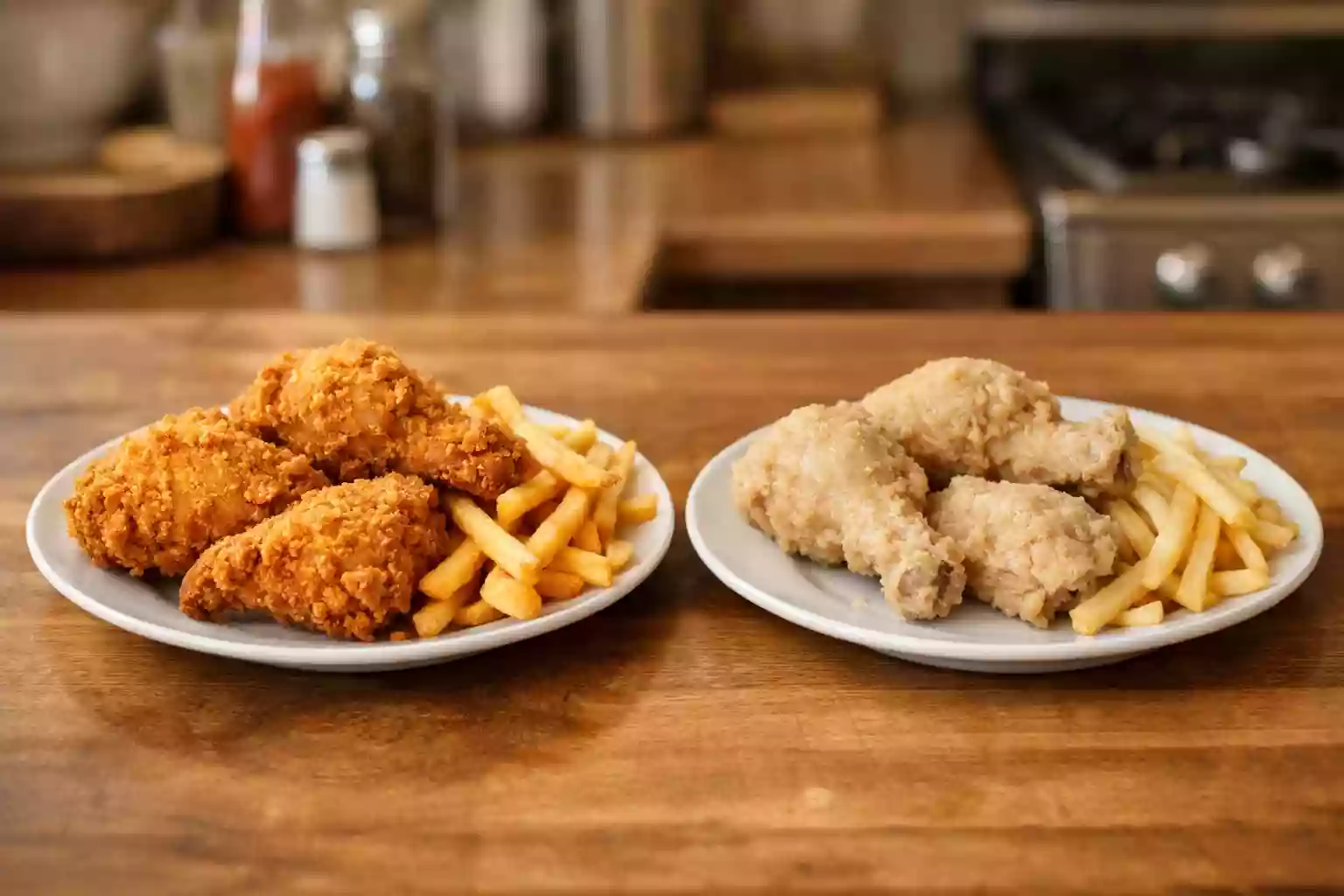 Plate of homemade crispy and soggy fried food side by side for comparison