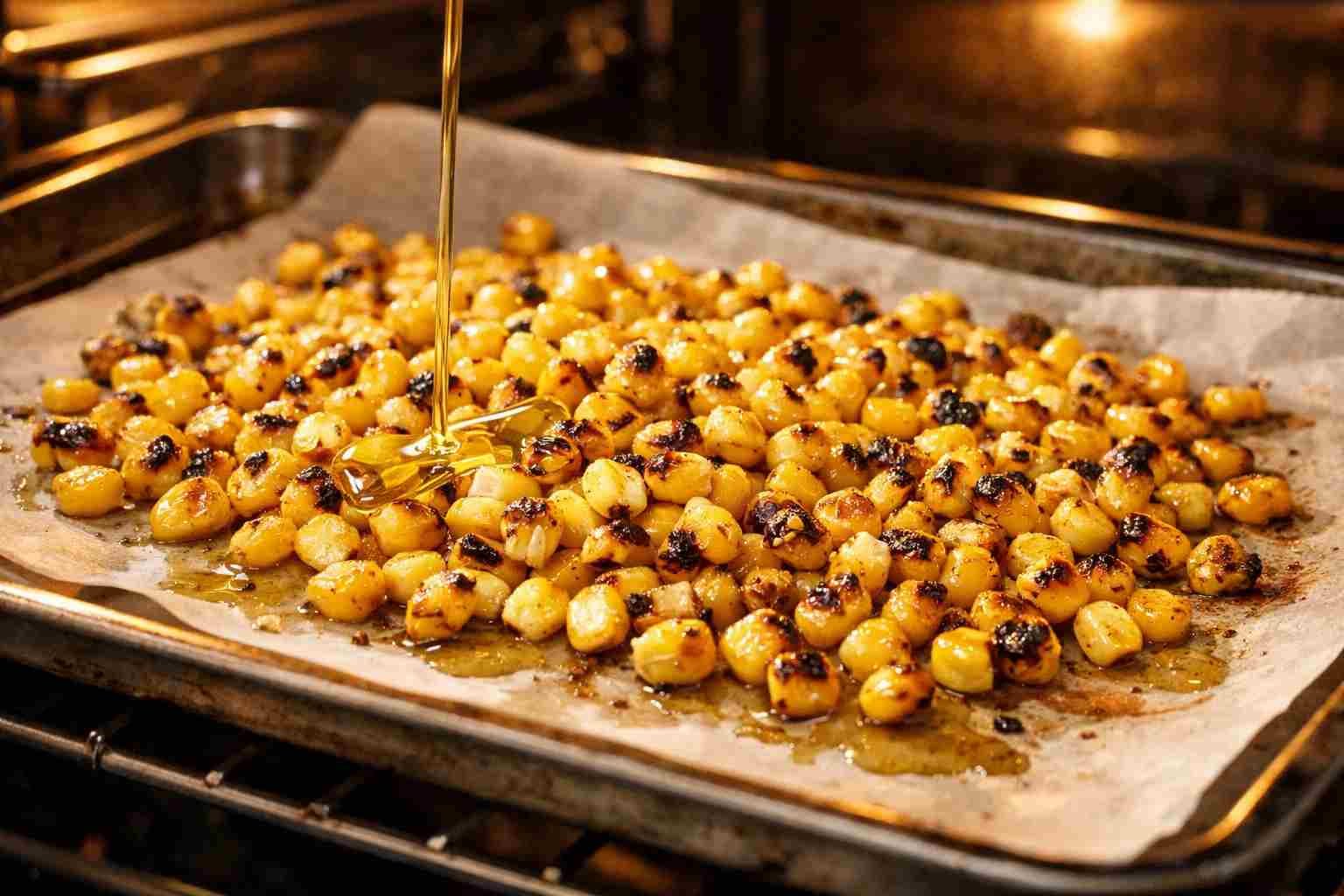 Roasted Corn And Basmati Rice Salad Bowl 2 Corn kernels roasting on a baking tray until lightly charred