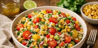 Colorful roasted corn and basmati rice salad in a ceramic bowl