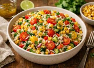 Colorful roasted corn and basmati rice salad in a ceramic bowl