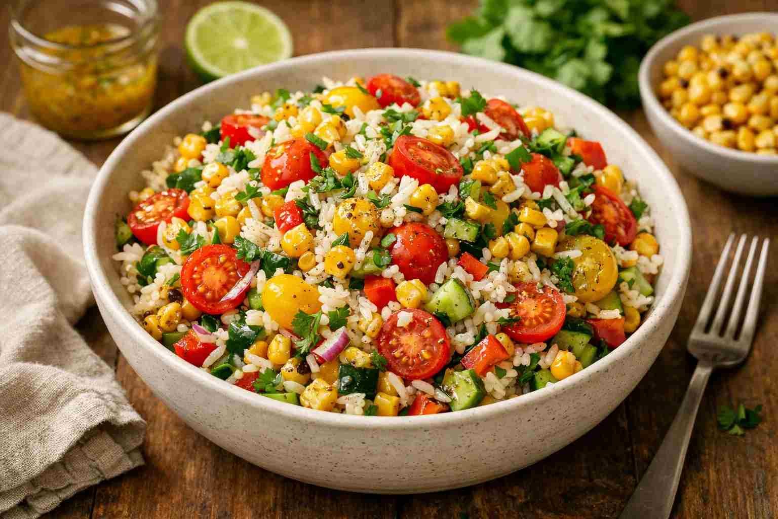 Roasted Corn And Basmati Rice Salad Bowl 1 Colorful roasted corn and basmati rice salad in a ceramic bowl