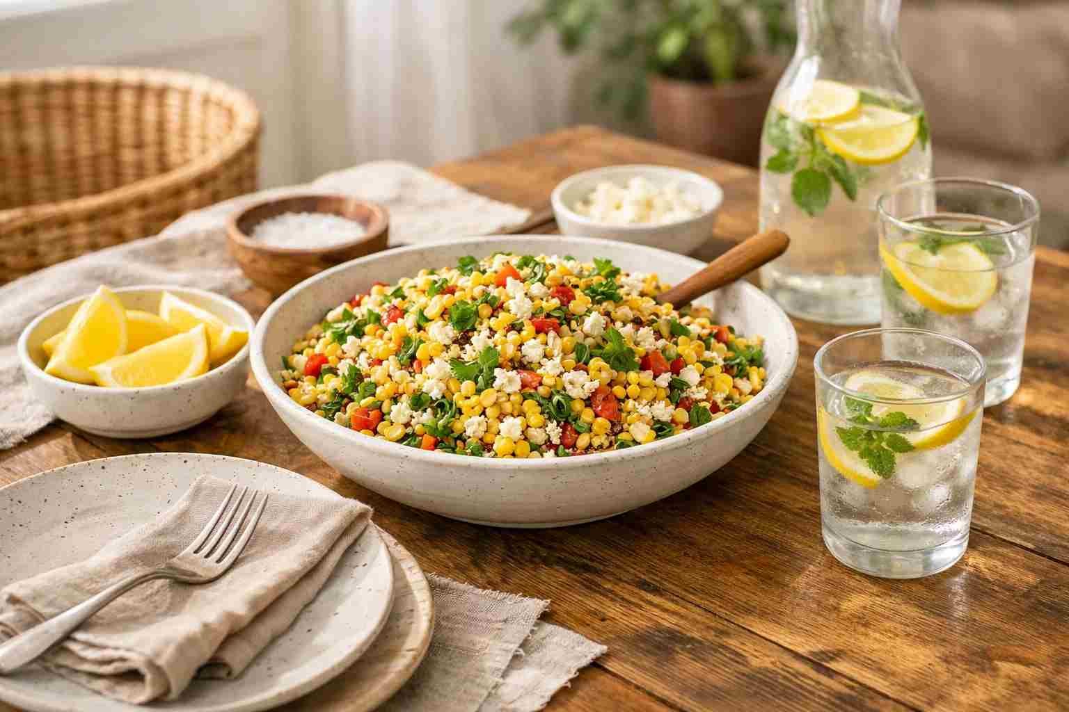 Roasted Corn And Basmati Rice Salad Bowl 3 Roasted corn rice salad served on a bright summer dining table