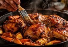 Cast Iron Honey Sriracha Chicken & Root Veggies Glazed chicken thighs with roasted root vegetables in a cast iron skillet