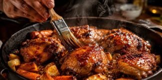 Glazed chicken thighs with roasted root vegetables in a cast iron skillet
