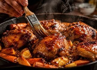 Glazed chicken thighs with roasted root vegetables in a cast iron skillet