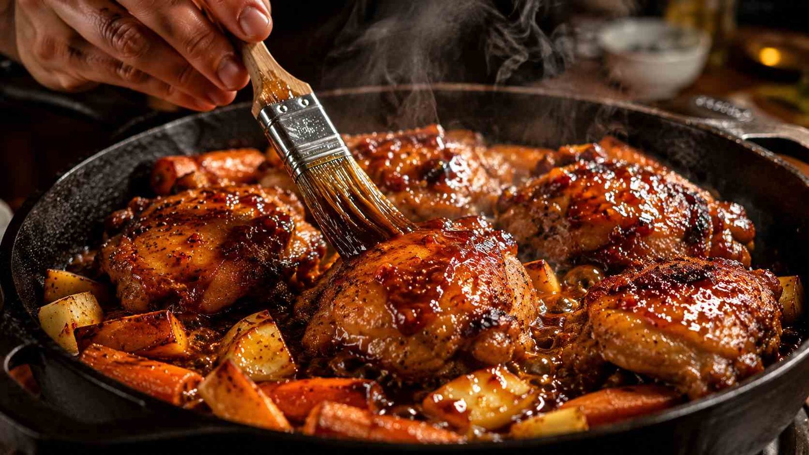 Cast Iron Honey Sriracha Chicken & Root Veggies 1 Glazed chicken thighs with roasted root vegetables in a cast iron skillet