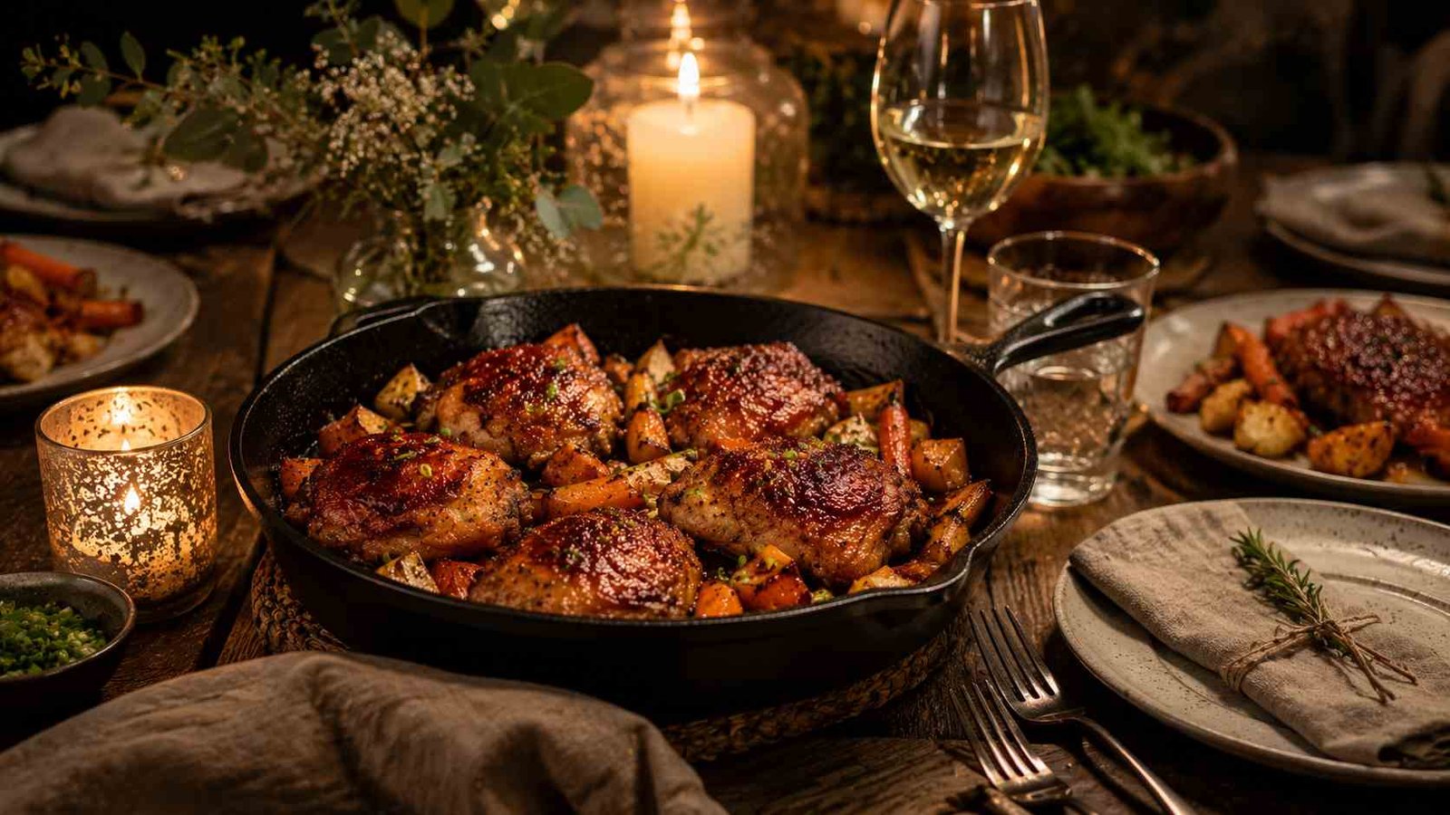 Cast Iron Honey Sriracha Chicken & Root Veggies 2 Honey sriracha sauce being brushed over sizzling chicken in a skillet