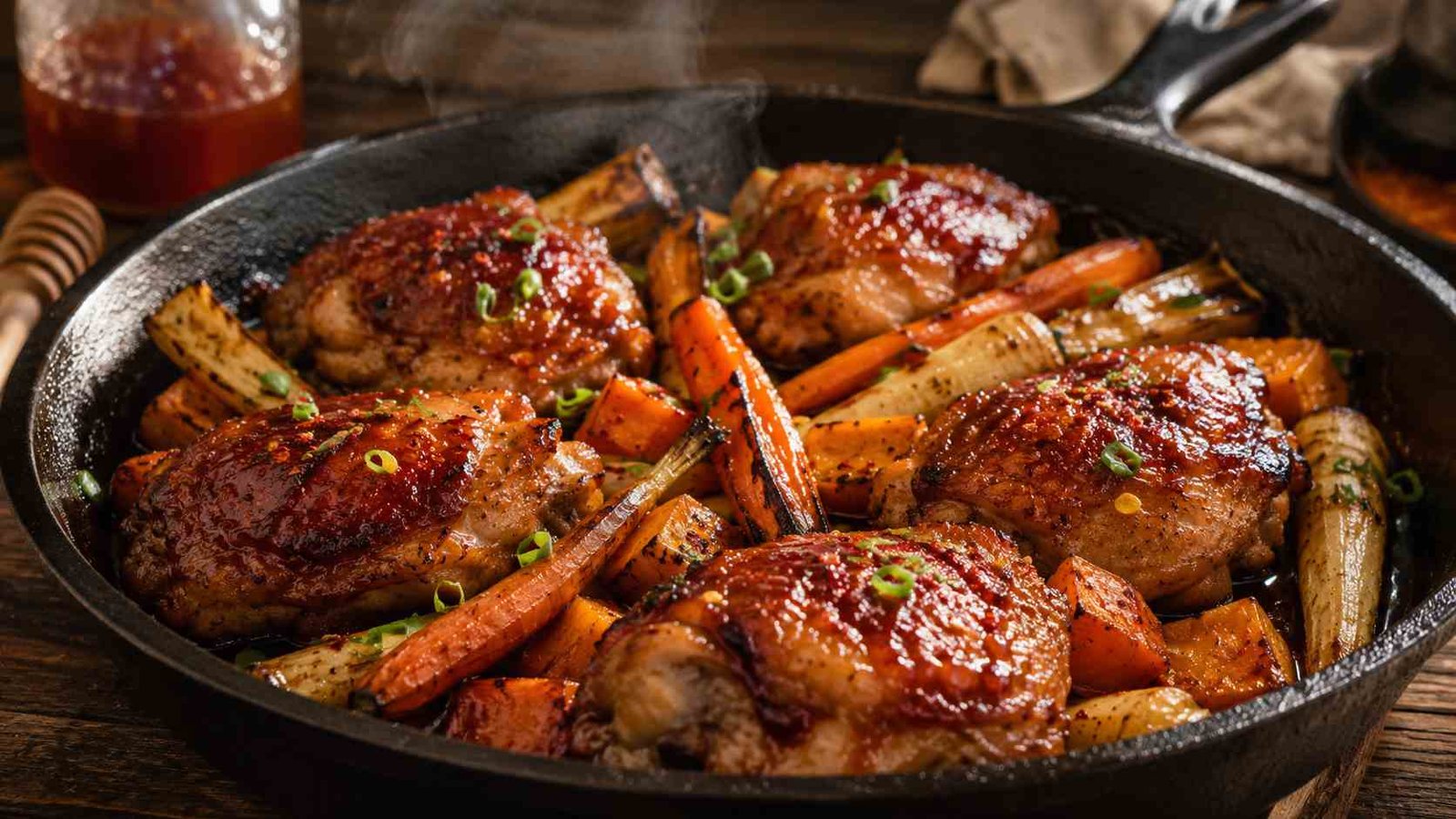 Cast Iron Honey Sriracha Chicken & Root Veggies 3 Cast iron chicken dinner served on a warm family table