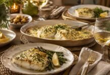 Flaky baked cod topped with creamy herb cheese and parsley