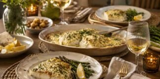 Flaky baked cod topped with creamy herb cheese and parsley