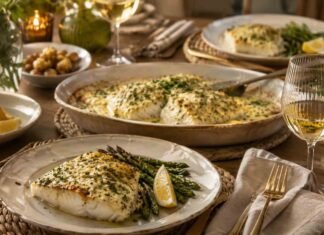 Flaky baked cod topped with creamy herb cheese and parsley