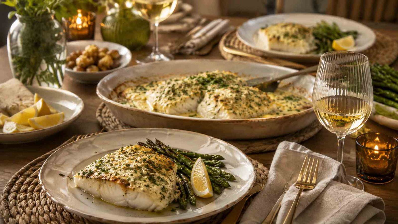 Flaky baked cod topped with creamy herb cheese and parsley