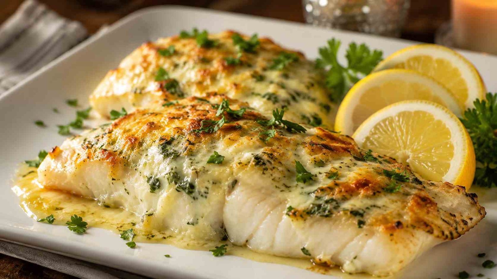 Herb cheese being spread over fresh cod before baking