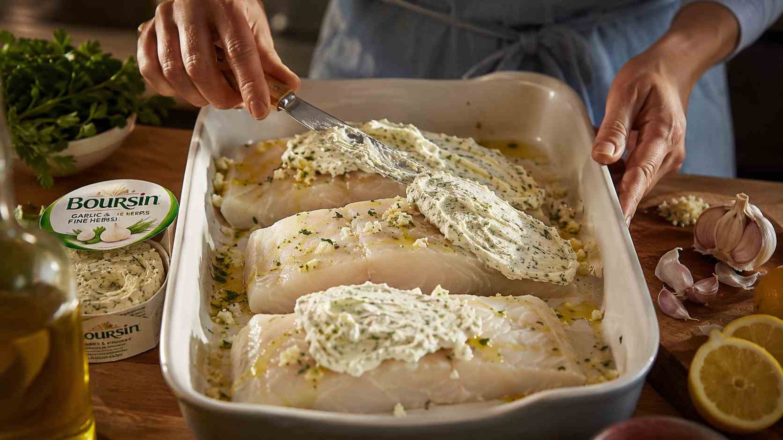 Baked cod served on a cozy dinner table with vegetables and lemon