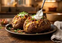 crispy baked potatoes topped with cheese and bacon