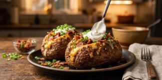 crispy baked potatoes topped with cheese and bacon