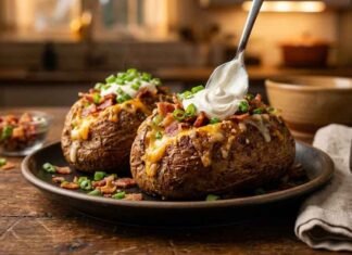 crispy baked potatoes topped with cheese and bacon