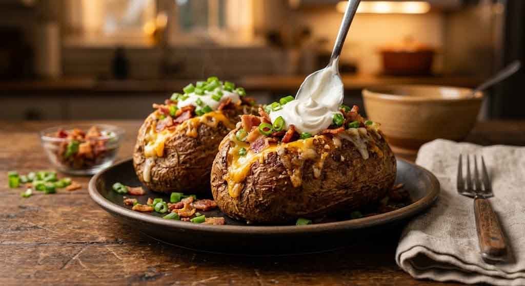 crispy baked potatoes topped with cheese and bacon