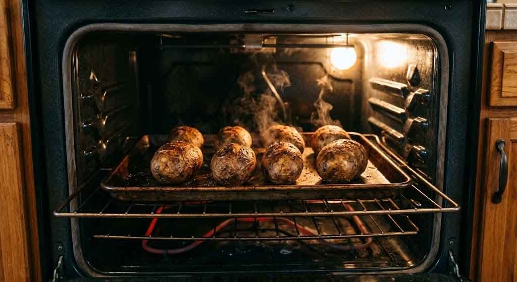 potatoes baking in oven with crispy skin forming