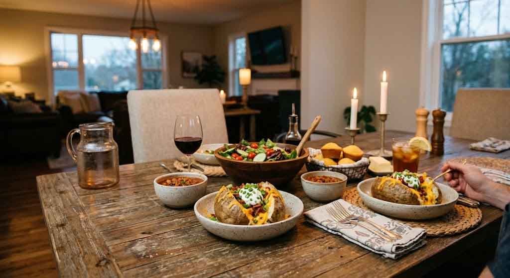 loaded baked potatoes served on rustic dining table