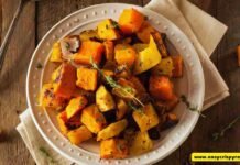 crispy roasted autumn root vegetables in a warm bowl